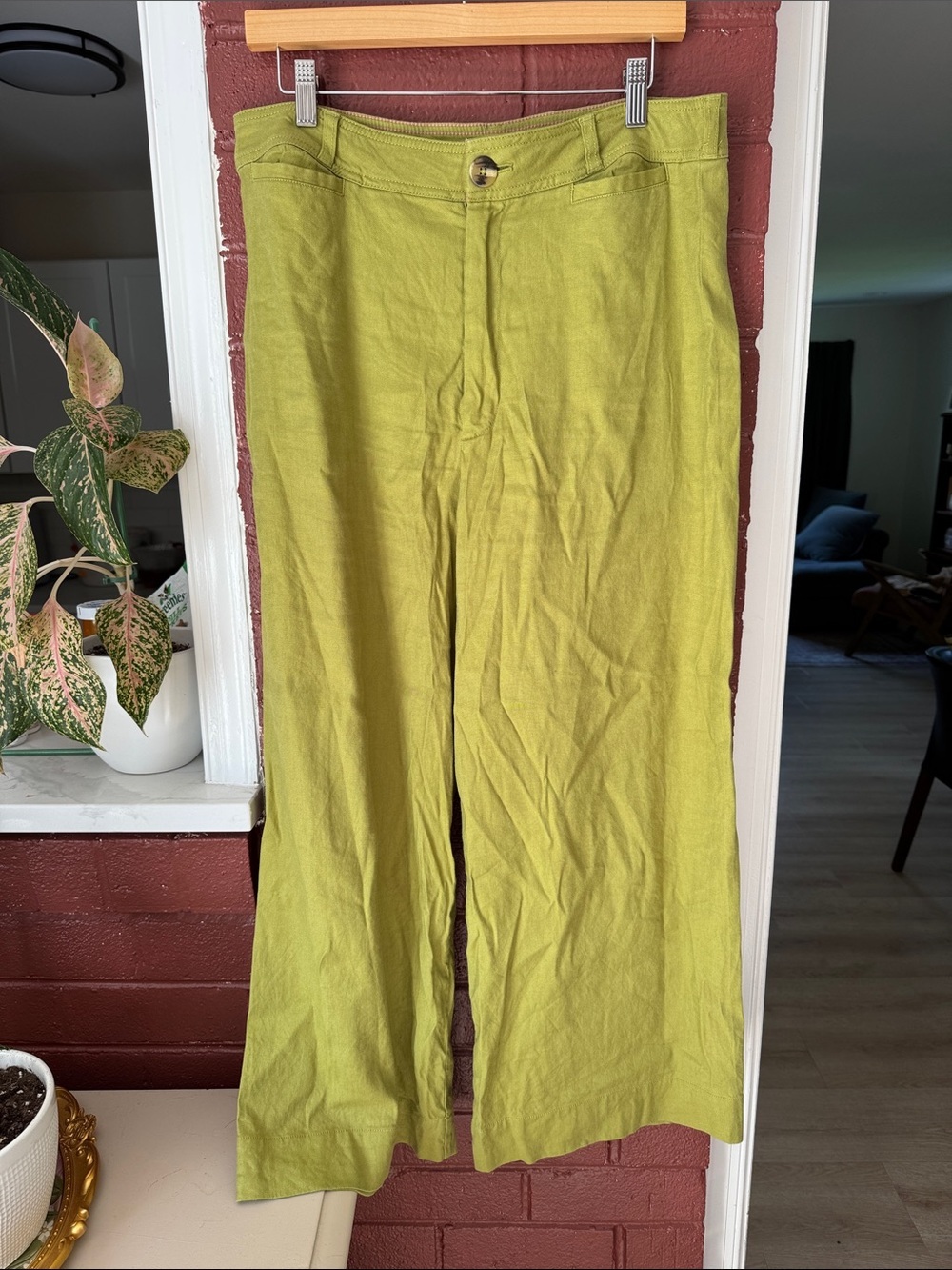 Maeve Anthropologie Lime Green Wide-Leg Linen Blend Pants Size 32